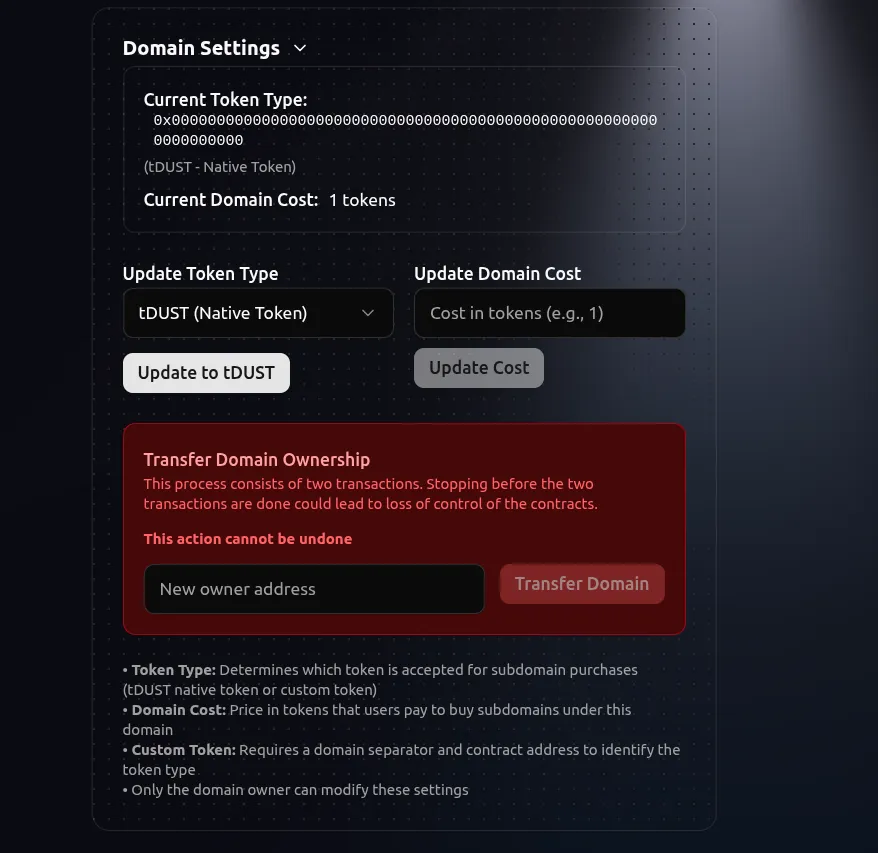 Domain settings section